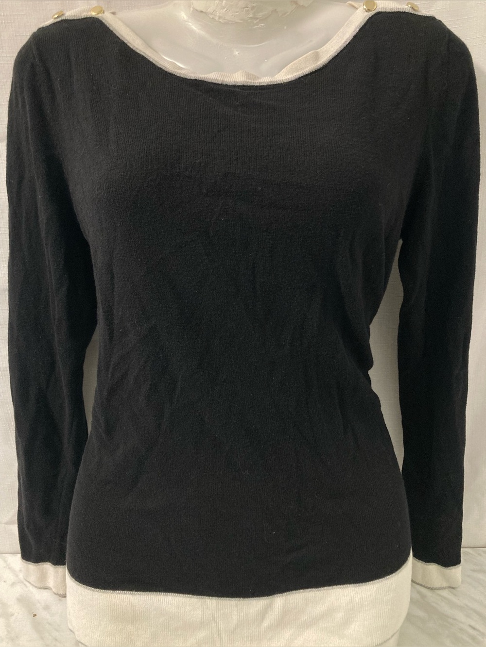 Jones New York Black Ivory Gold Button Trim Knit Sweater Small